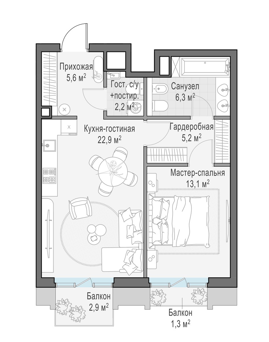 Планировка 57.4 м²