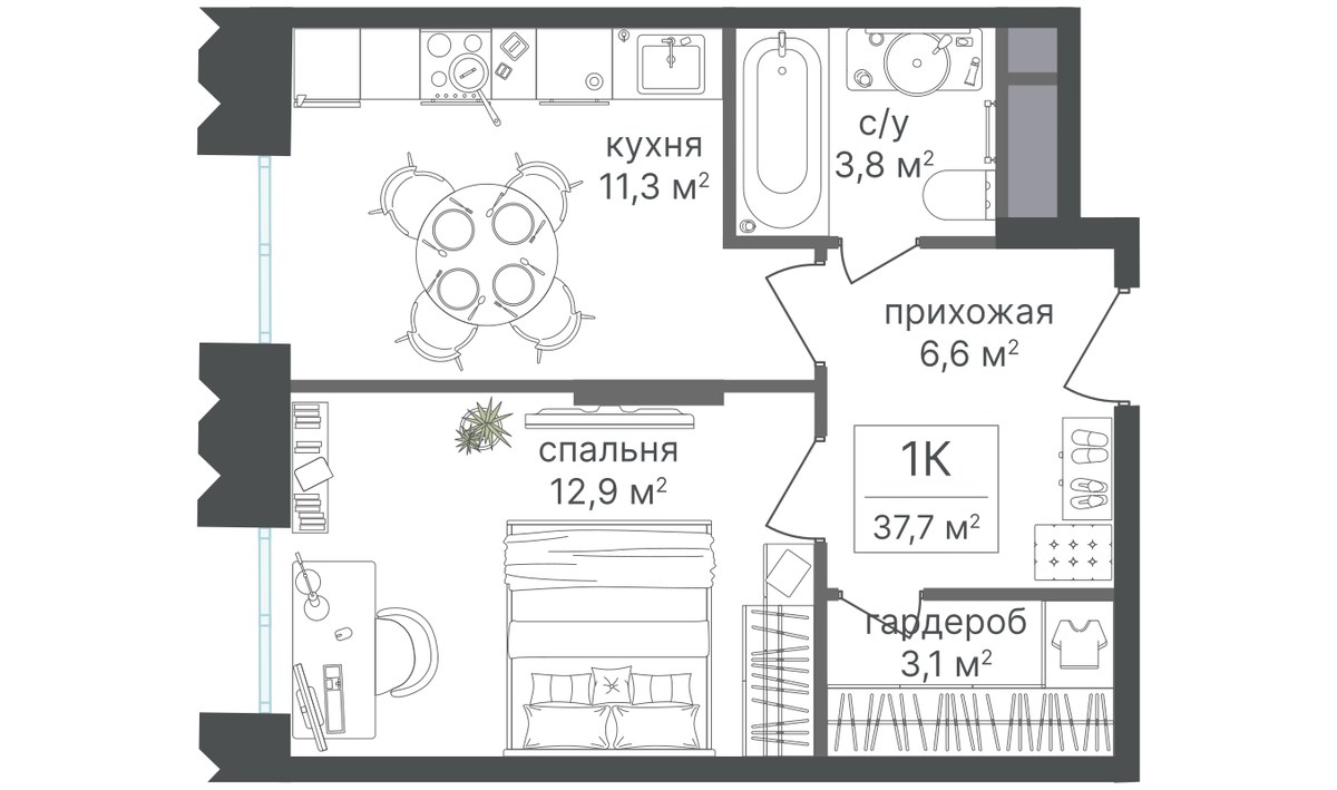 Планировка 37.4 м²