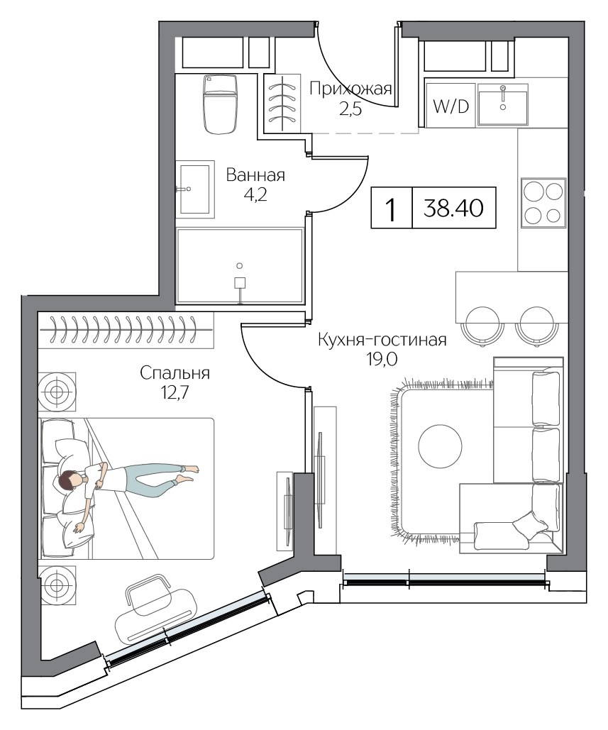 Планировка: 1-комнатная, 38.4 м²
