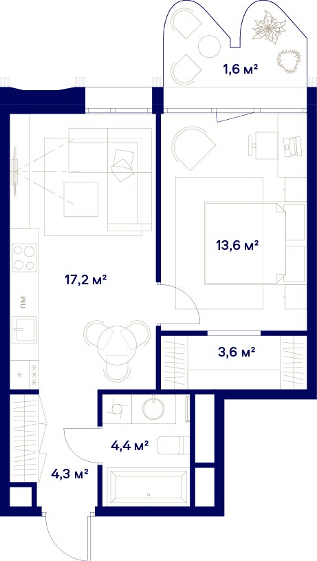 Планировка: 1-комнатная, 44.7 м²