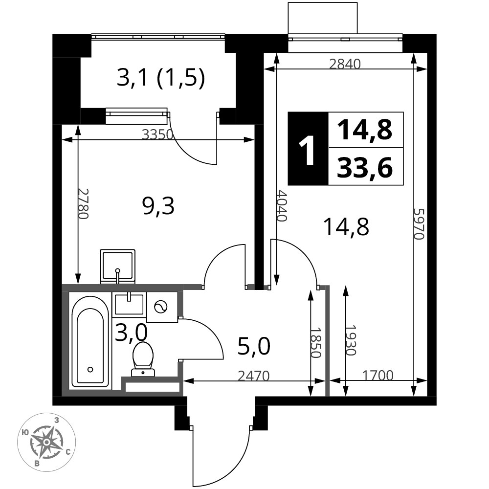 Планировка 33.6 м²
