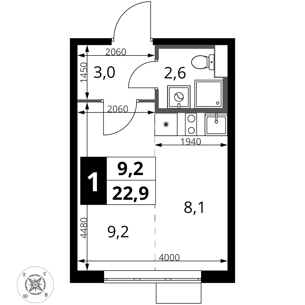 Планировка: Студия, 22.9 м²
