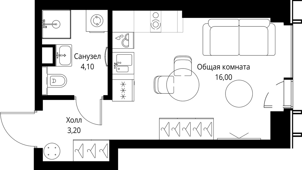 Планировка: 1-комнатная, 23.3 м²