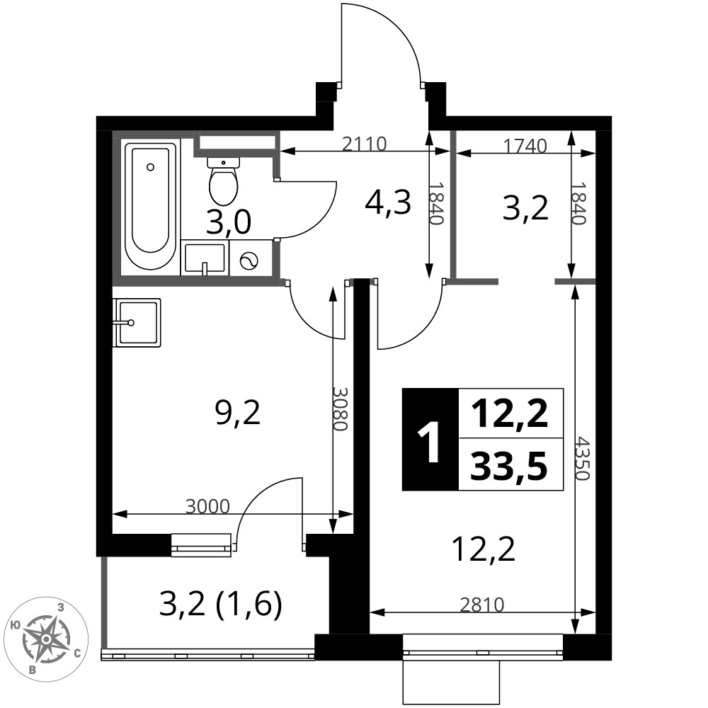 Планировка 33.5 м²