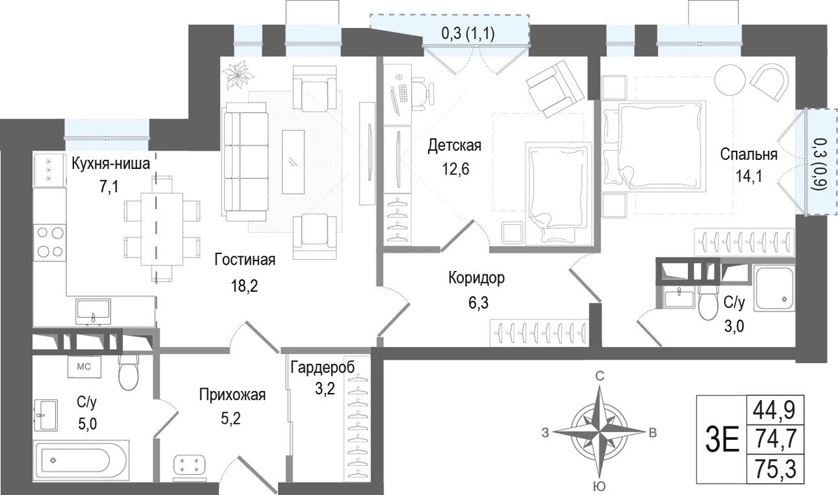 Планировка 75.0 м²
