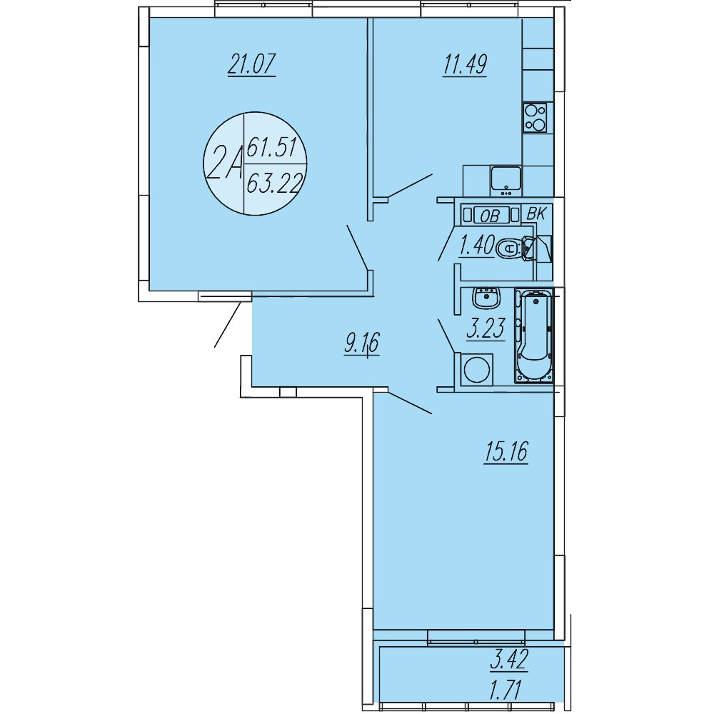 Планировка: 2-комнатная, 63.22 м²