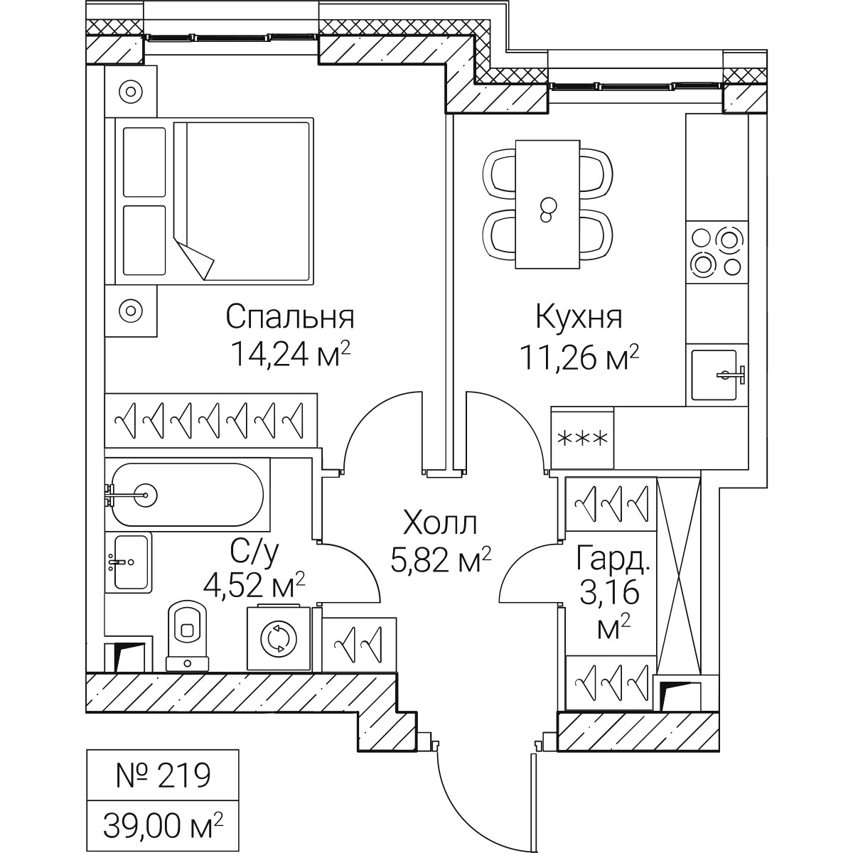 Планировка 39.0 м²