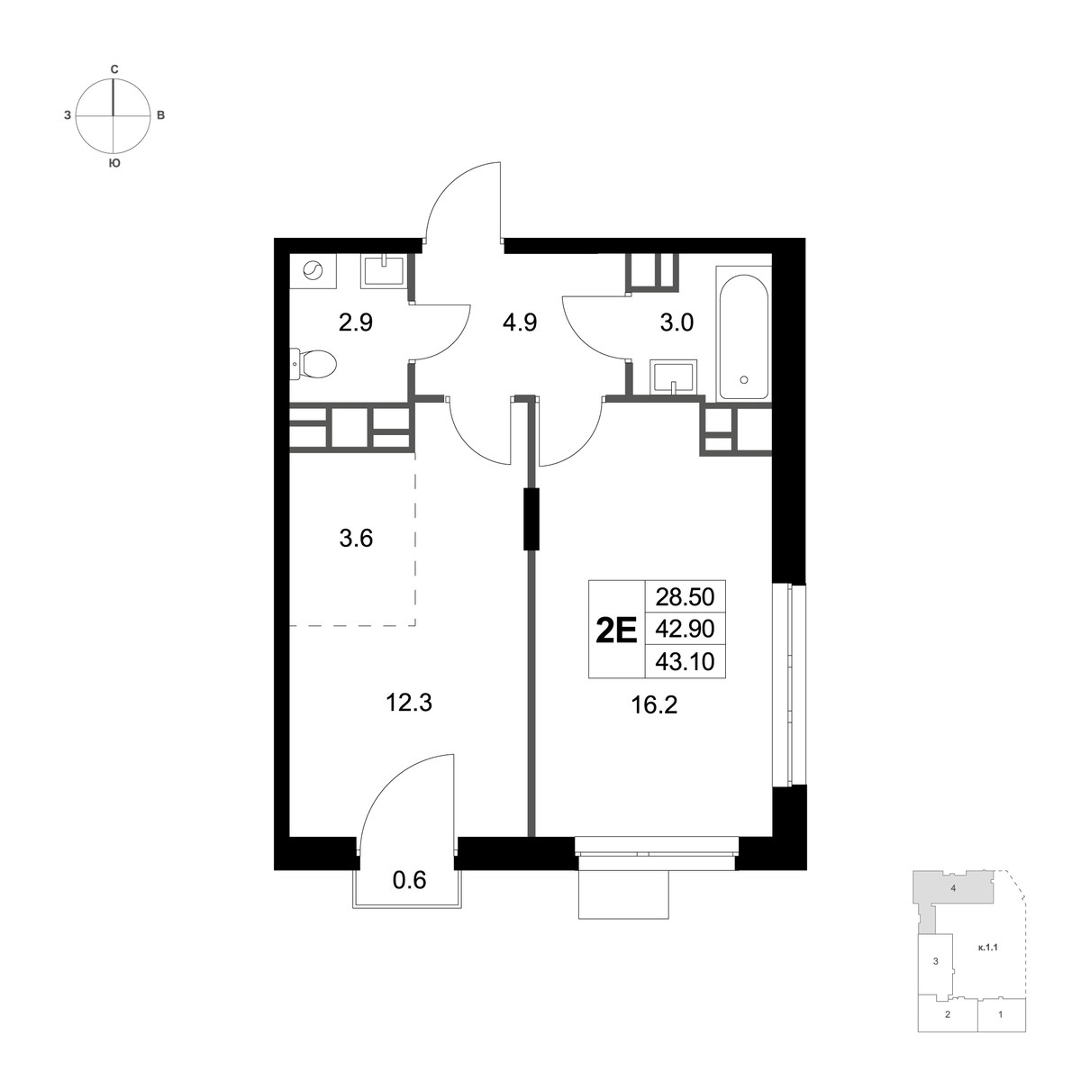 Планировка 43.1 м²
