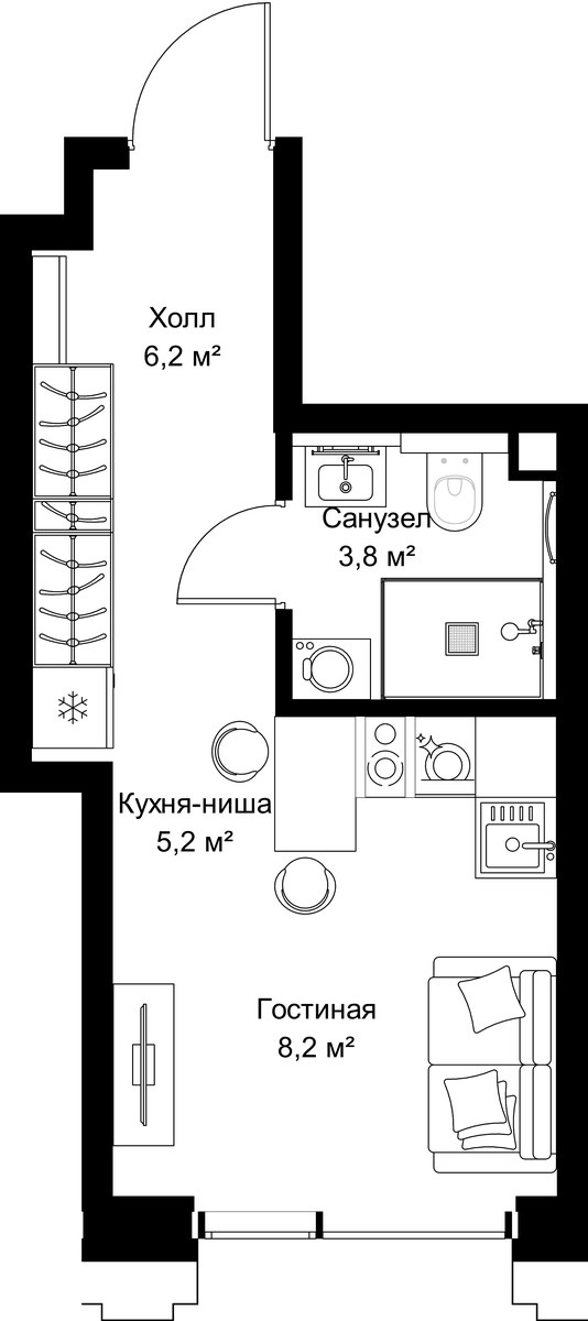 Планировка: 1-комнатная, 23.4 м²