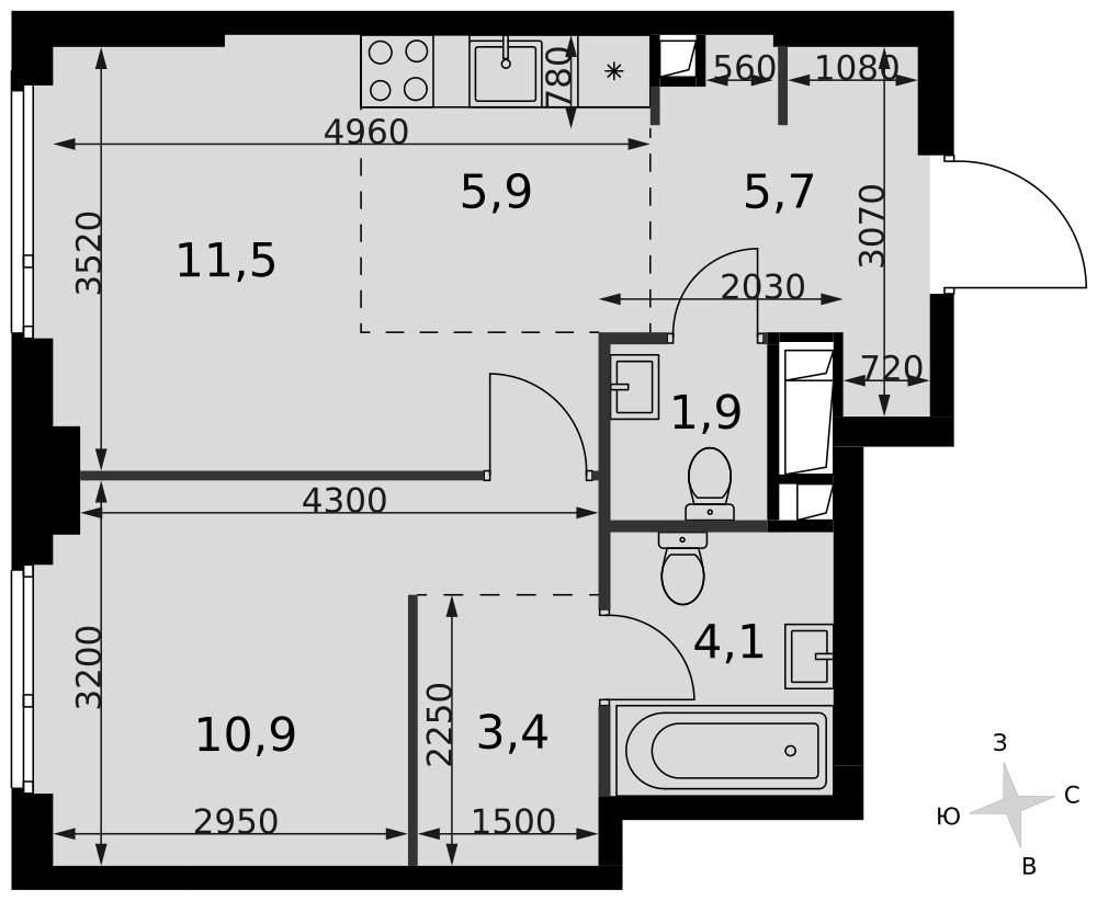 Планировка 43.4 м²