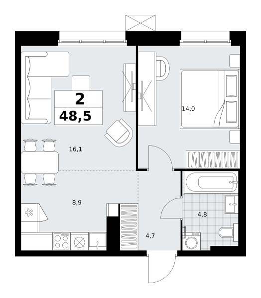 Планировка: 2-комнатная, 48.5 м²