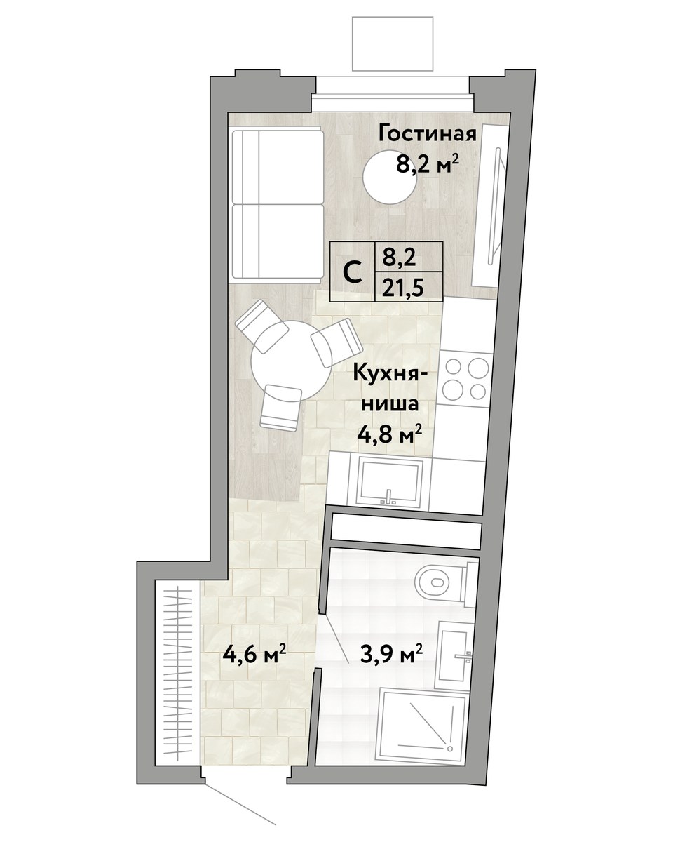 Планировка: Студия, 21.5 м²