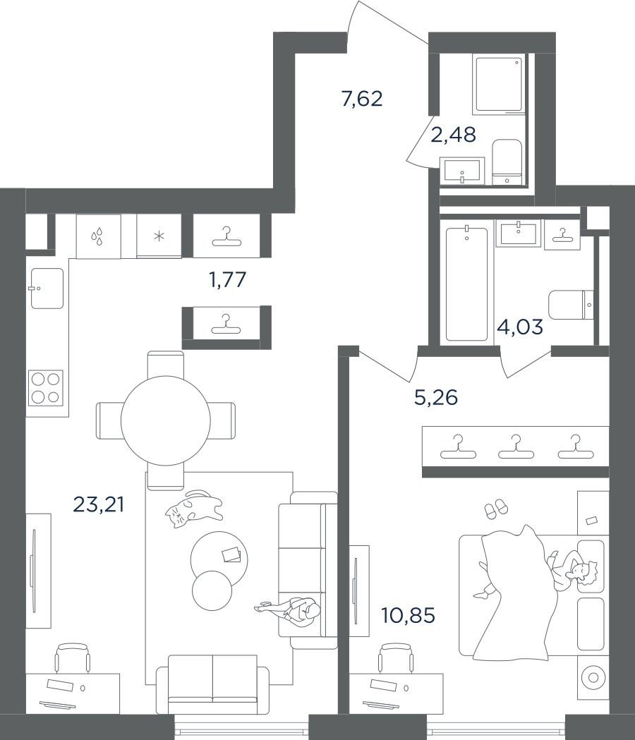 Планировка: 1-комнатная, 55.22 м²