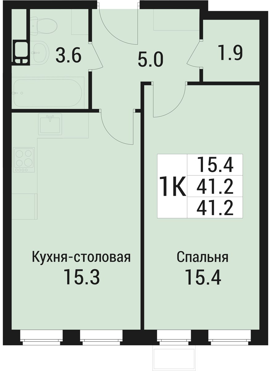 Планировка: 1-комнатная, 41.1 м²