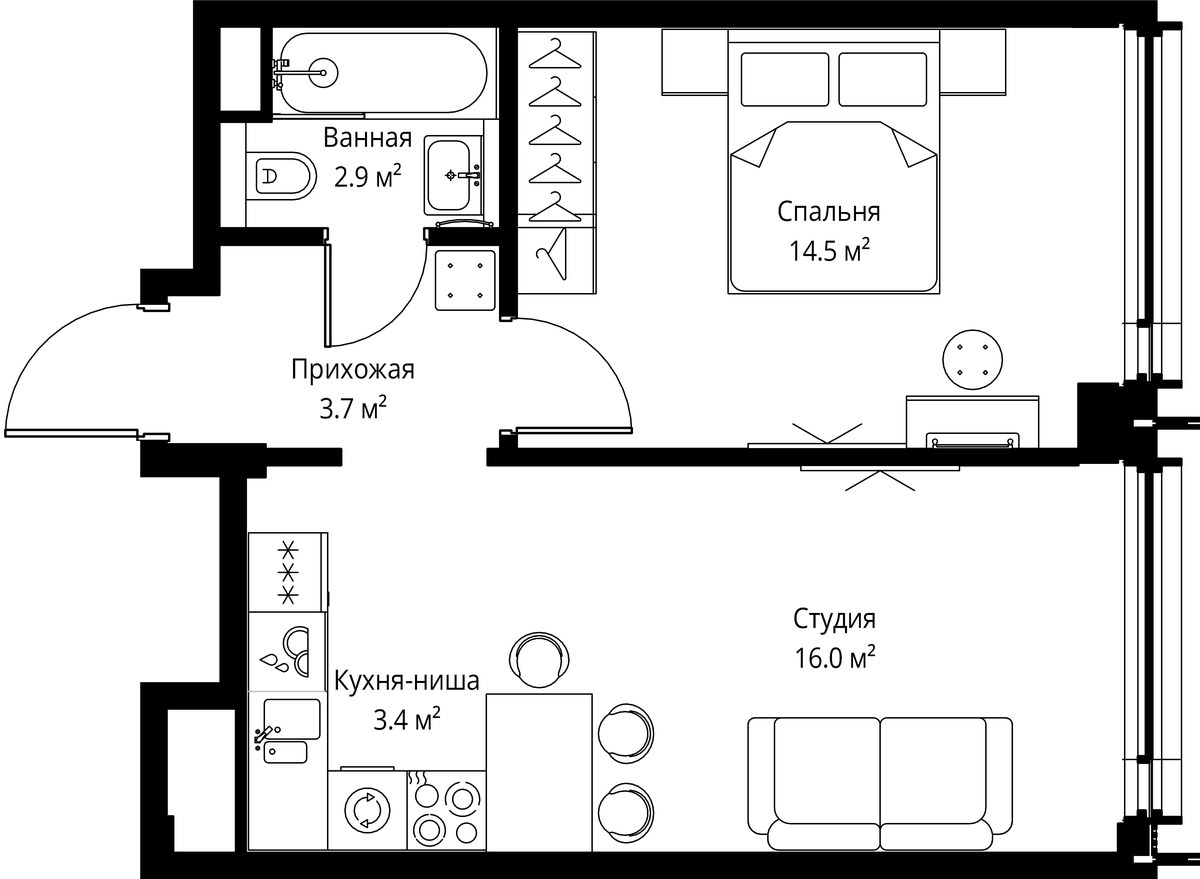 Планировка: 1-комнатная, 40.5 м²