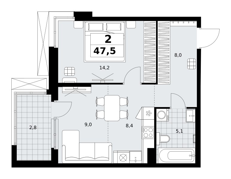 Планировка: 2-комнатная, 47.5 м²
