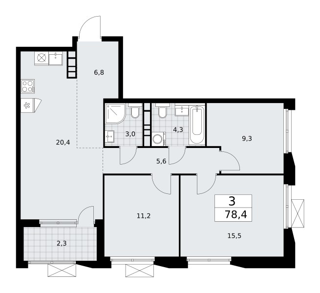 Планировка: 3-комнатная, 78.4 м²