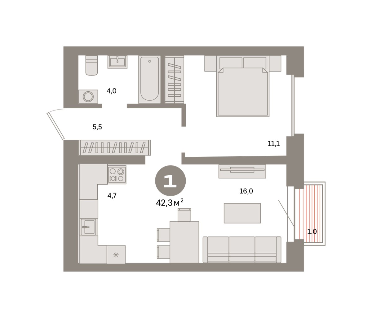 Планировка 42.3 м²