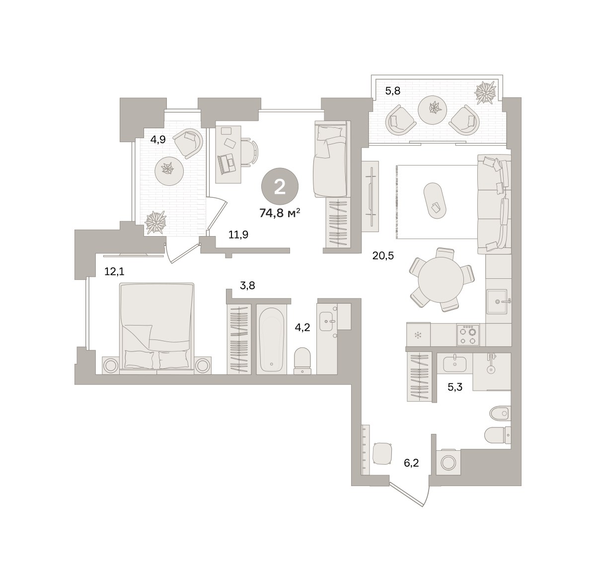 Планировка 74.84 м²
