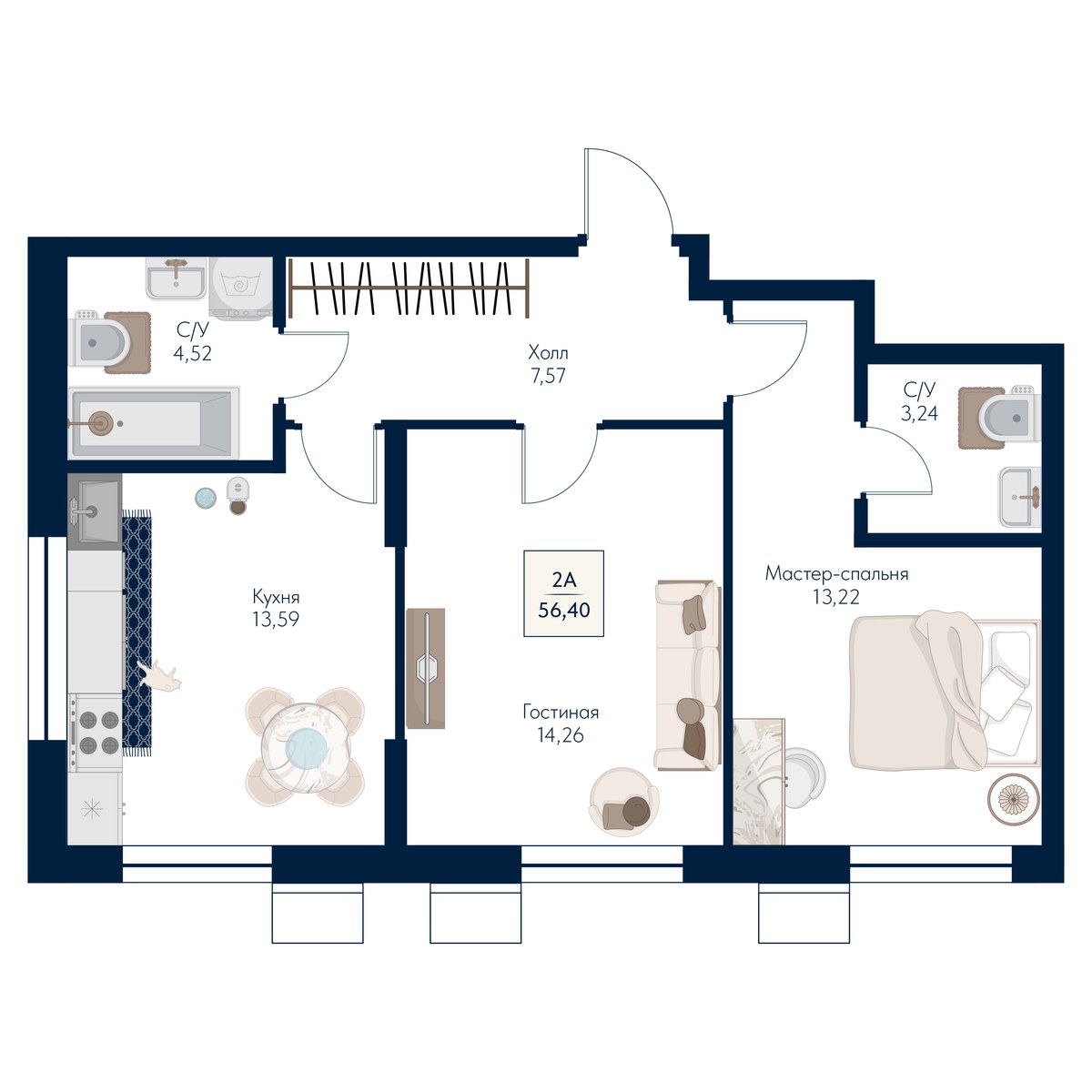 Планировка 56.4 м²