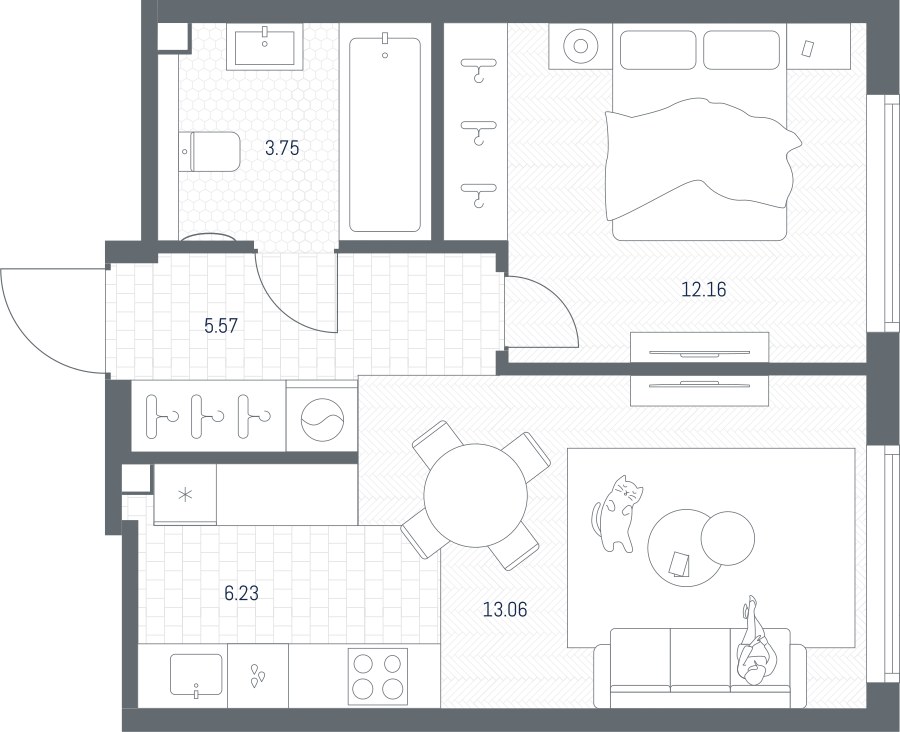Планировка: 1-комнатная, 40.77 м²