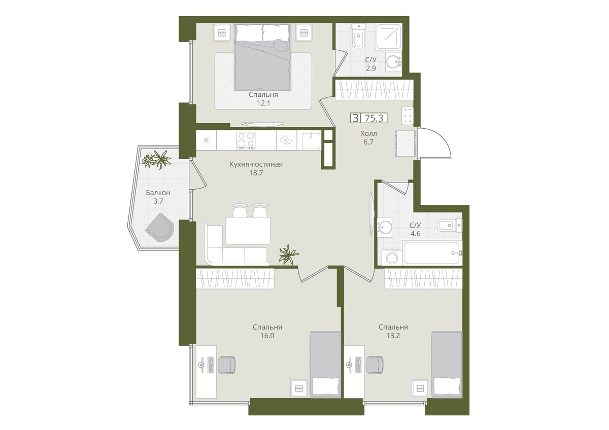 Планировка 75.3 м²