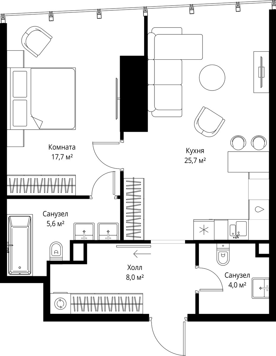 Планировка: 1-комнатная, 61.0 м²