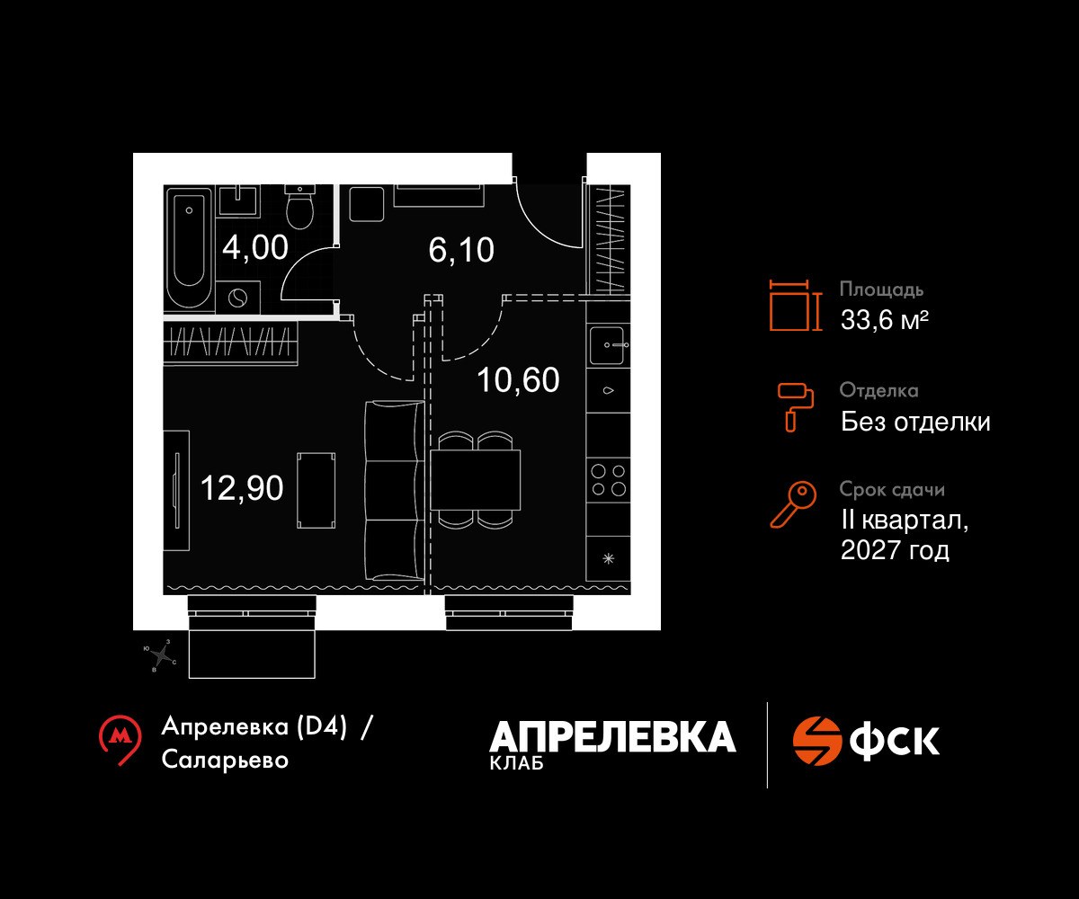 Планировка: 1-комнатная, 33.6 м²