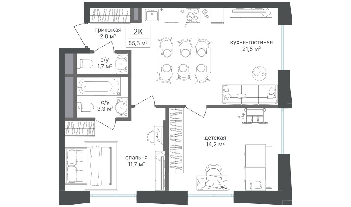 Планировка 55.5 м²