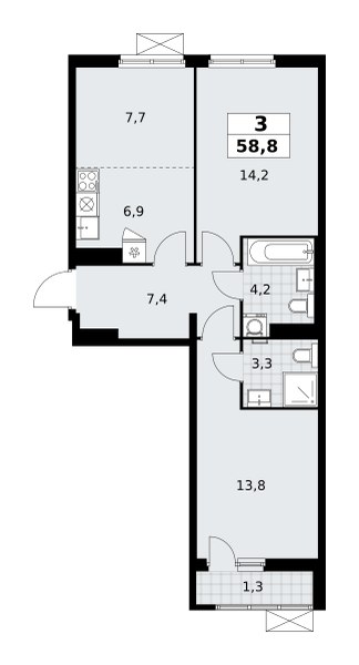 Планировка: 3-комнатная, 58.9 м²