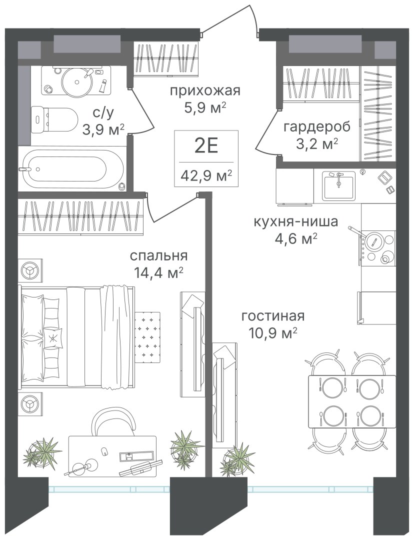 Планировка 42.9 м²