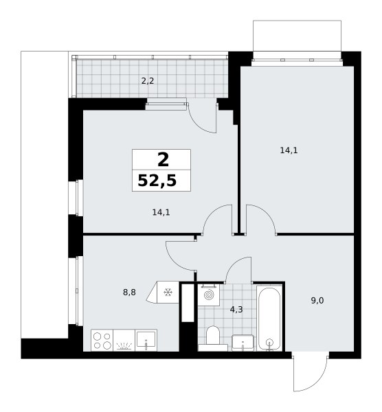 Планировка: 2-комнатная, 52.5 м²