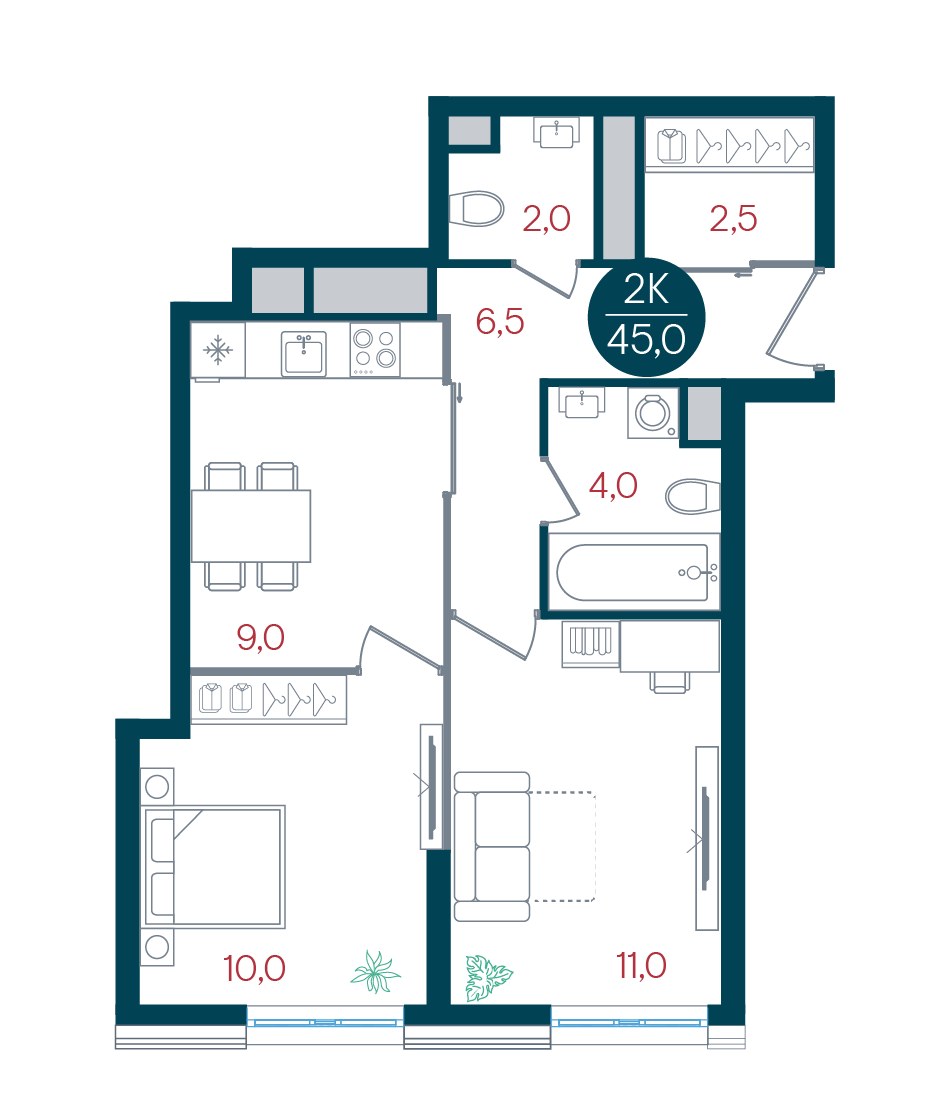 Планировка 45.0 м²