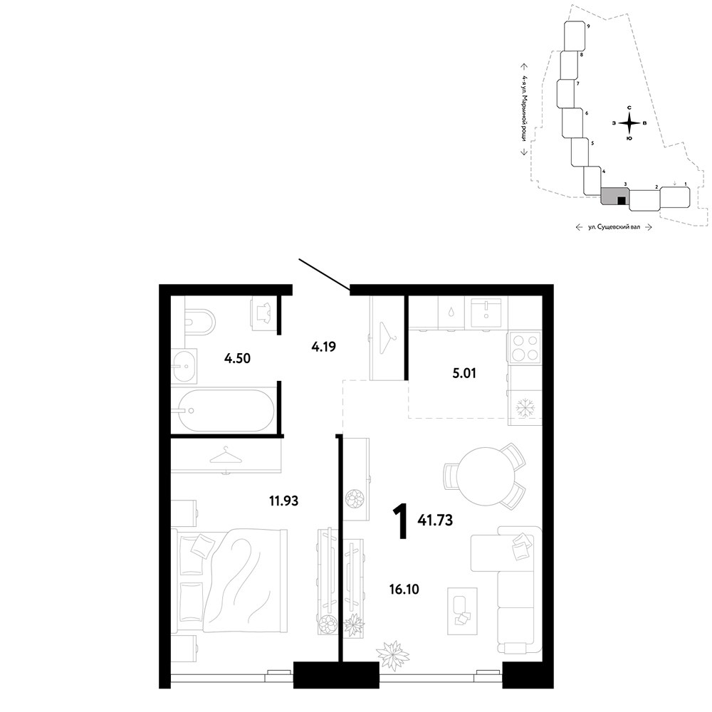 Планировка 41.73 м²