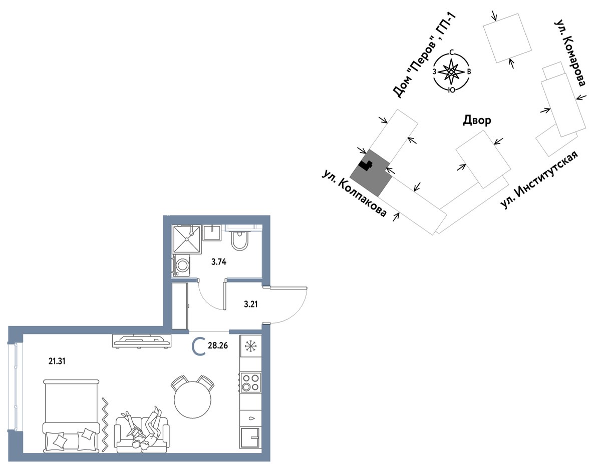Планировка: 1-комнатная, 28.26 м²