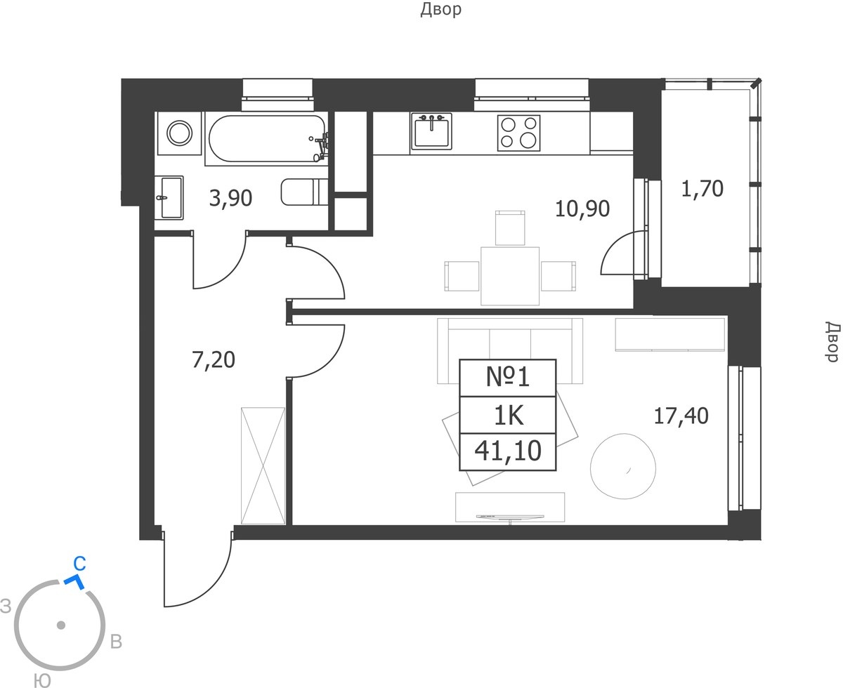 Планировка: 1-комнатная, 41.1 м²