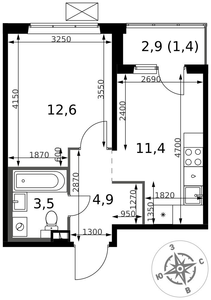 Планировка 33.8 м²