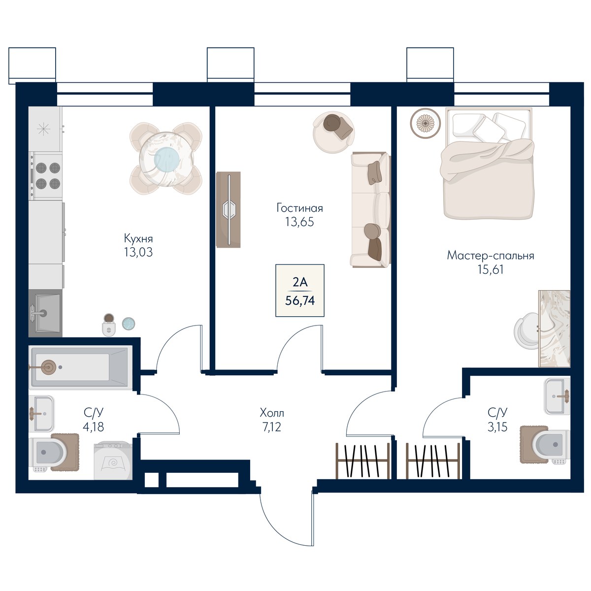 Планировка 56.74 м²