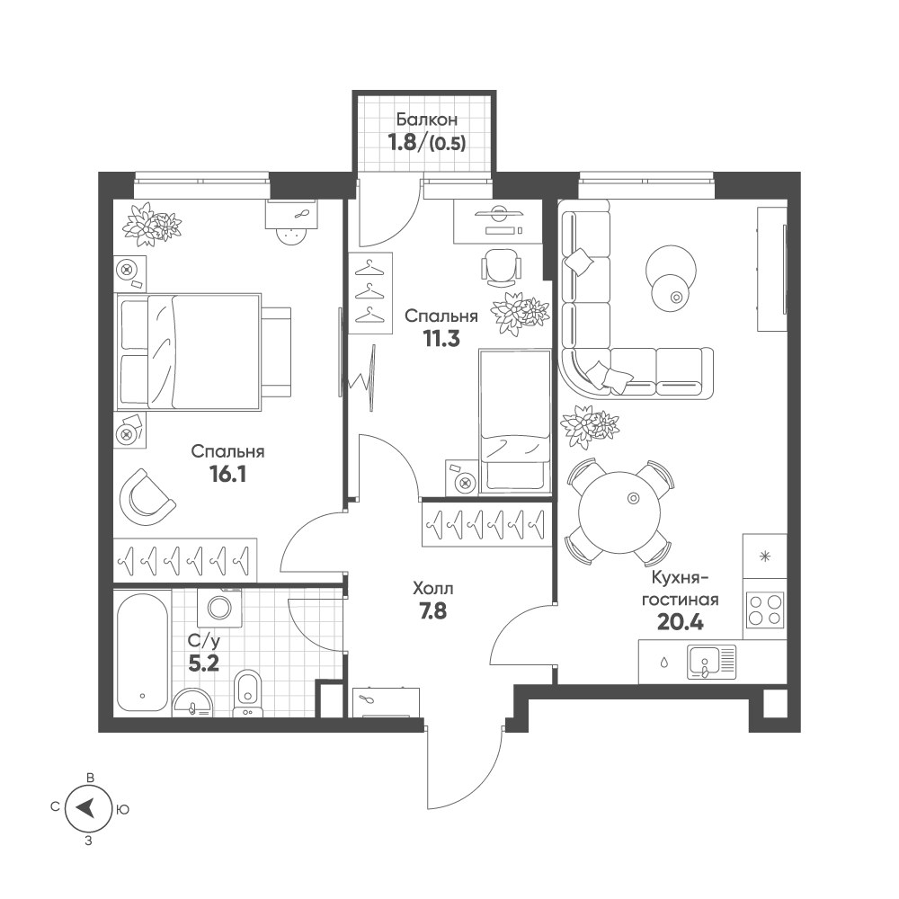 Планировка 61.3 м²
