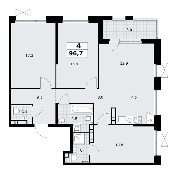 Планировка: 4-комнатная, 96.7 м²