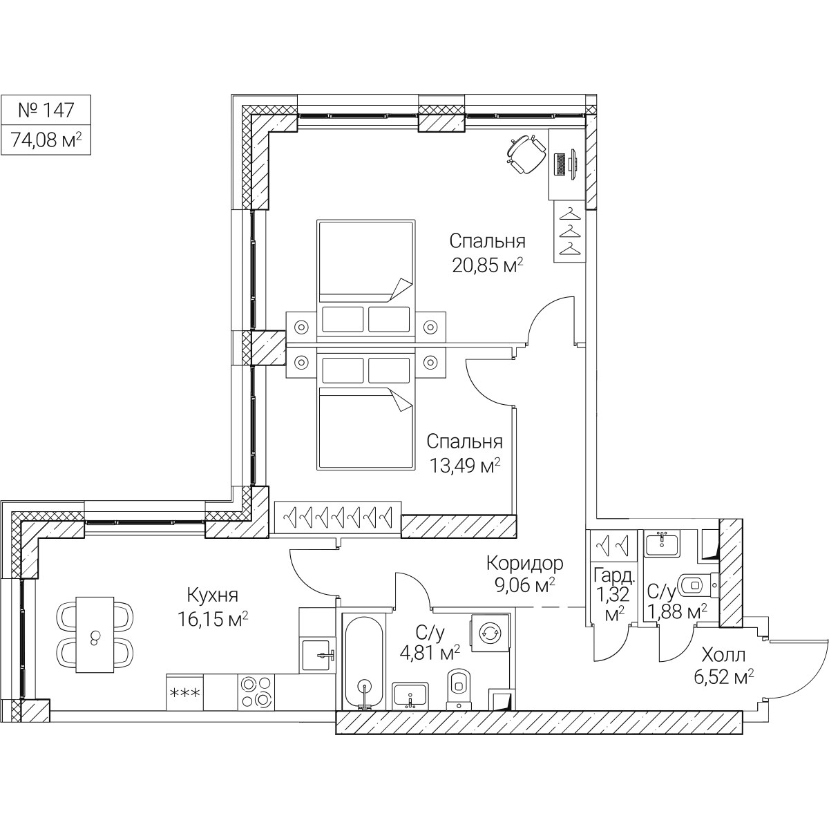 Планировка 74.08 м²