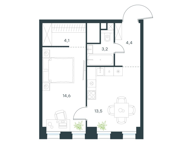 Планировка: 1-комнатная, 39.8 м²