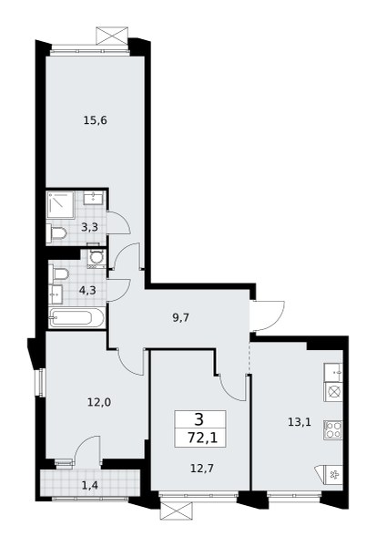 Планировка: 3-комнатная, 72.1 м²