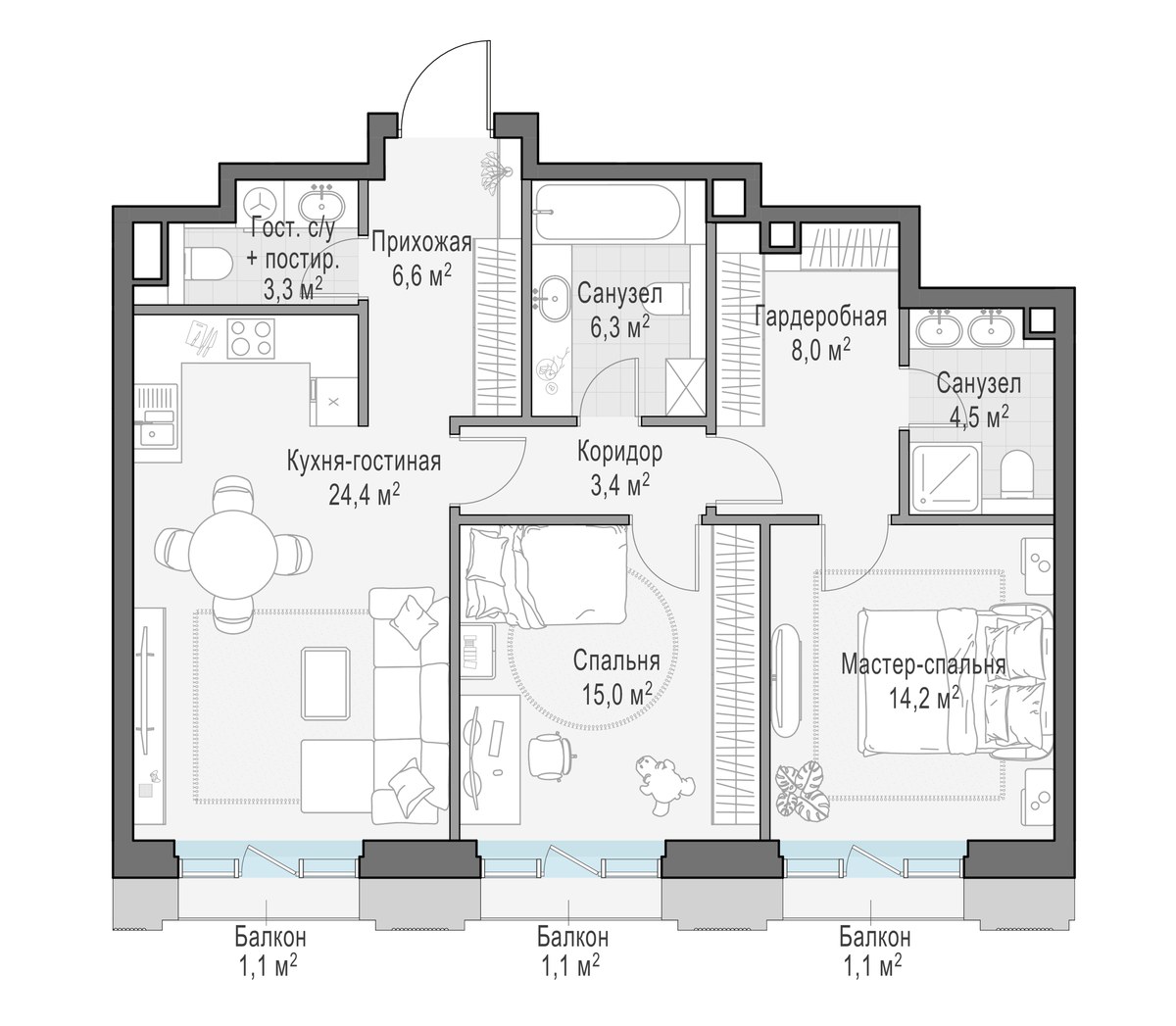 Планировка 86.7 м²