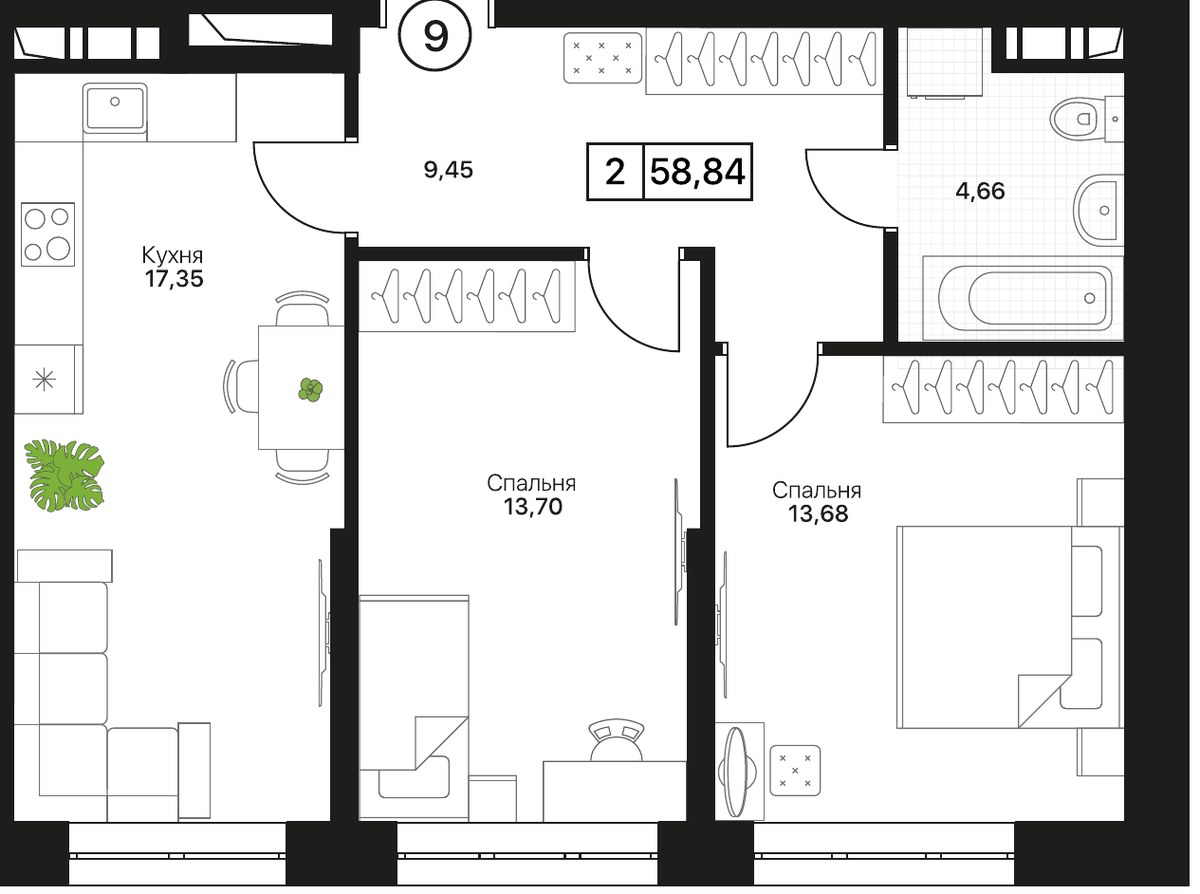 Планировка 58.84 м²