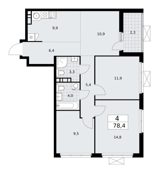 Планировка: 4-комнатная, 78.4 м²