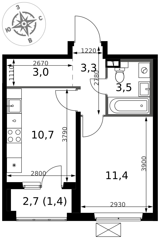 Планировка 33.3 м²