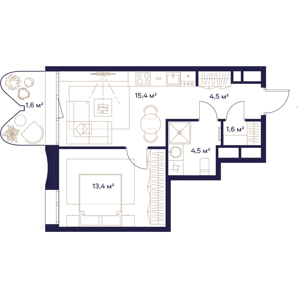 Планировка: 1-комнатная, 41.3 м²