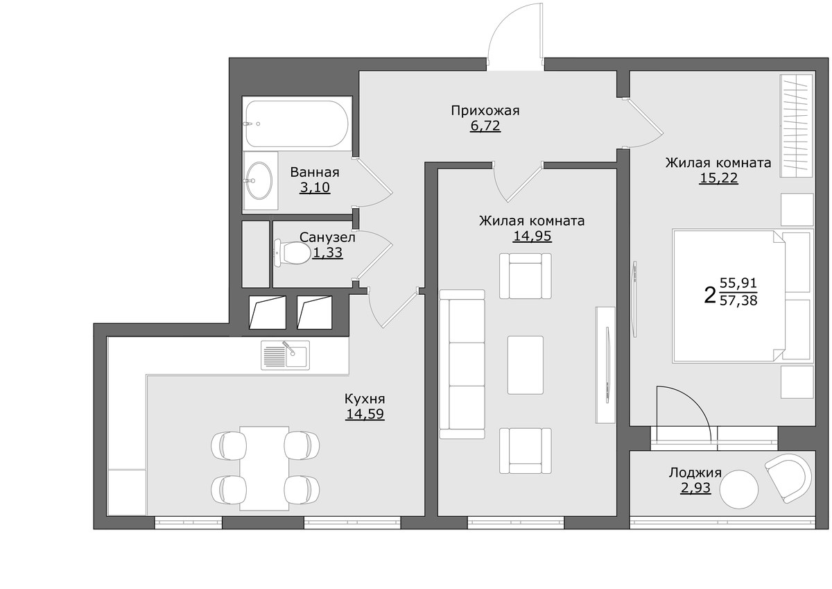 Планировка 57.38 м²