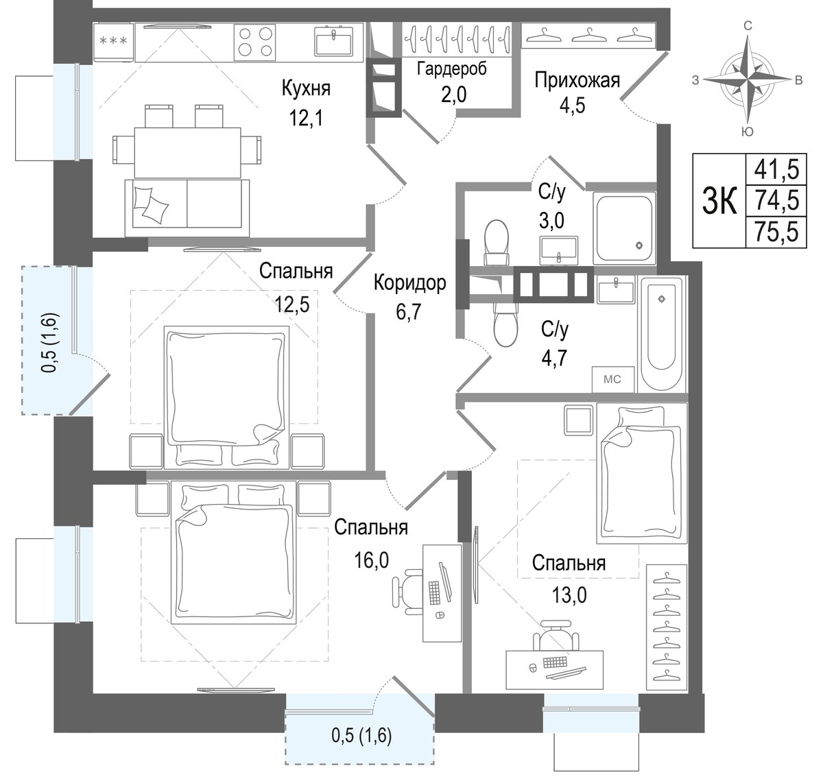 Планировка 74.5 м²